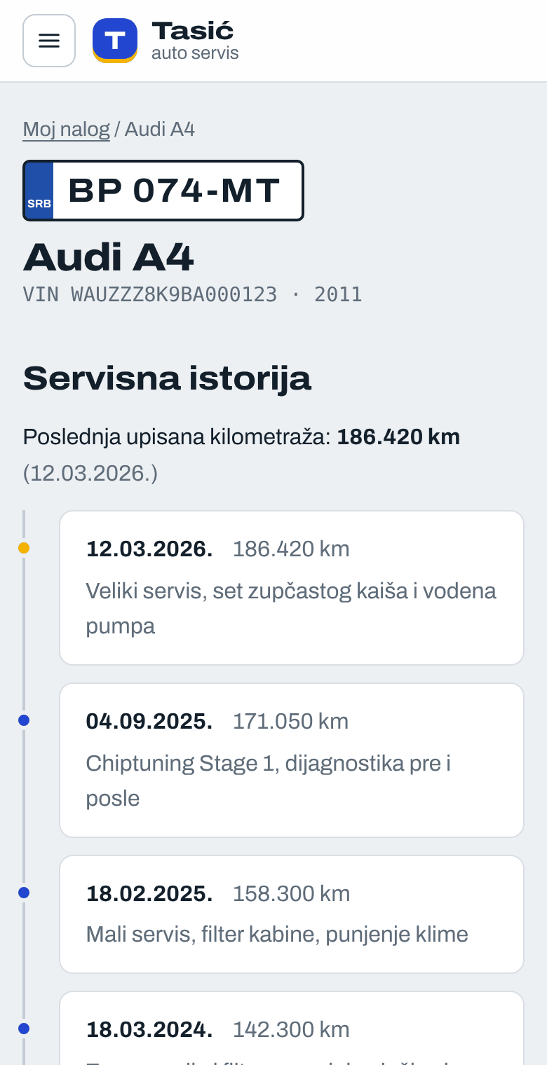 Prikaz istorije servisa vozila na telefonu: tablice, kilometraža i spisak servisa po datumima
